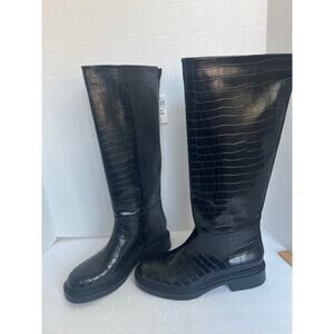 NWT Zara Black Croc Effect Wide Calf Knee High Pull On Riding Western Boots 10